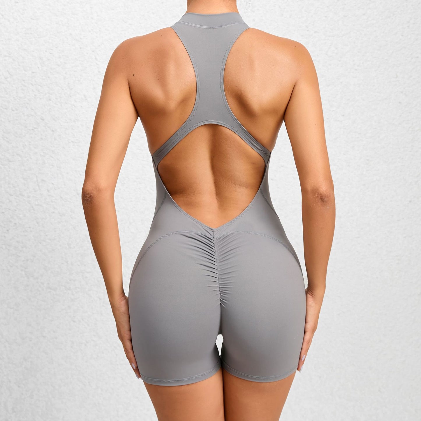 Non Woven Tight With Zipper Sports Yoga Pants Peach Hip One Piece Quick Drying Pleated Fitness Jumpsuit
