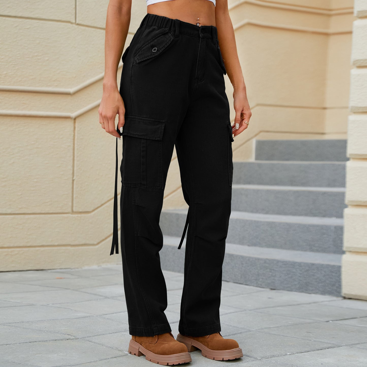Women Spring Summer Washed Cargo Pants Ribbon Jeans Casual Trousers