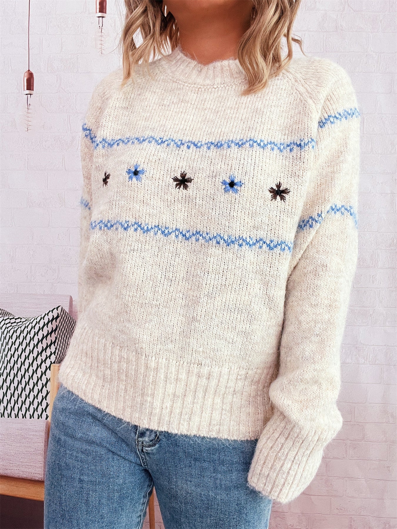 Autumn Winter Clear Cute Floral Embroidery Contrast Color Knitted Pullover Casual Loose Sweater