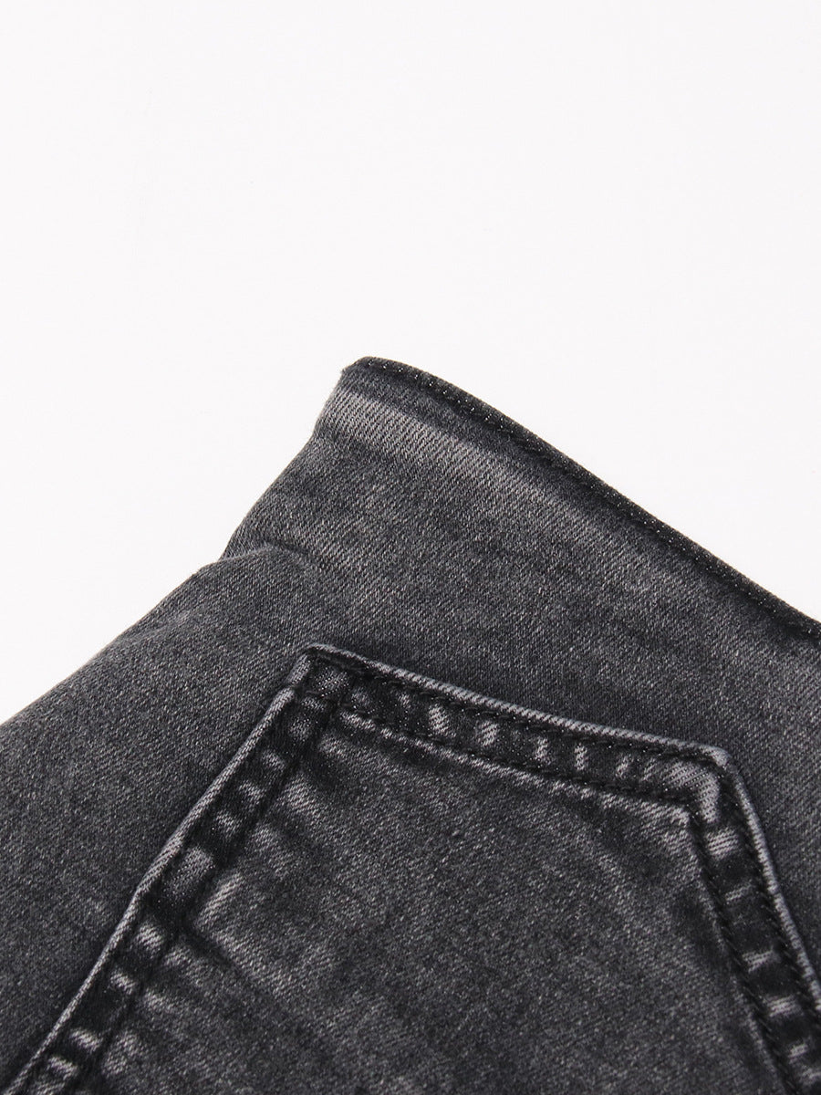 Personality Street Denim Stitching Shorts Autumn High Waist Irregular Asymmetric Washed Worn Jeans Women