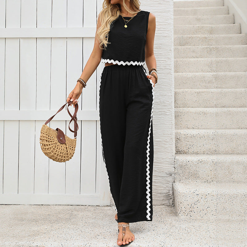 Summer Office Contrast Color Lace Stitching Sleeveless Vest Trousers Two Piece Set for Women