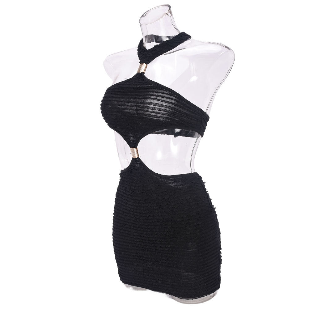 Spring Summer Cropped Outfit Hollow Out Cutout out Halter Wrapped Chest Metal Buckle Sexy Dress