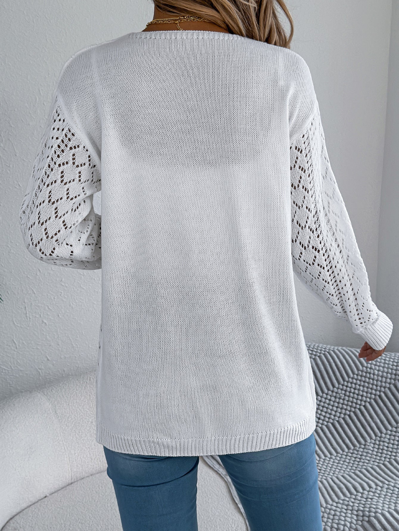 Autumn Winter Hollow Out Cutout out Lantern Long Sleeve Cardigan Sweater Mid Length Coat Women Clothing
