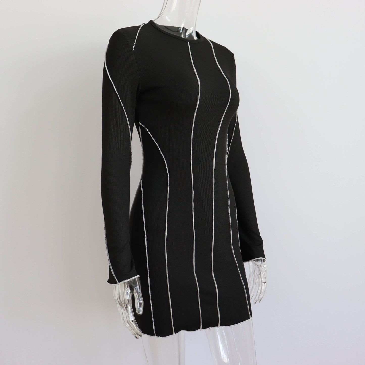 Autumn Hit Line Bell Sleeve Dress Women Clothing Small Sunken Stripe Tight Sexy Long Sleeve Short Dress Women