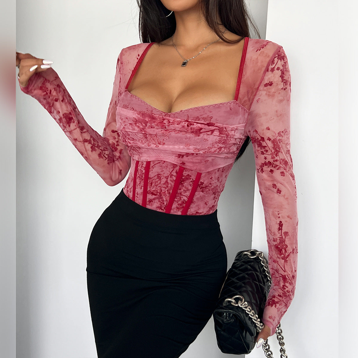 Autumn Christmas Street Boning Corset Floral Women Long Sleeve Sexy Jumpsuit