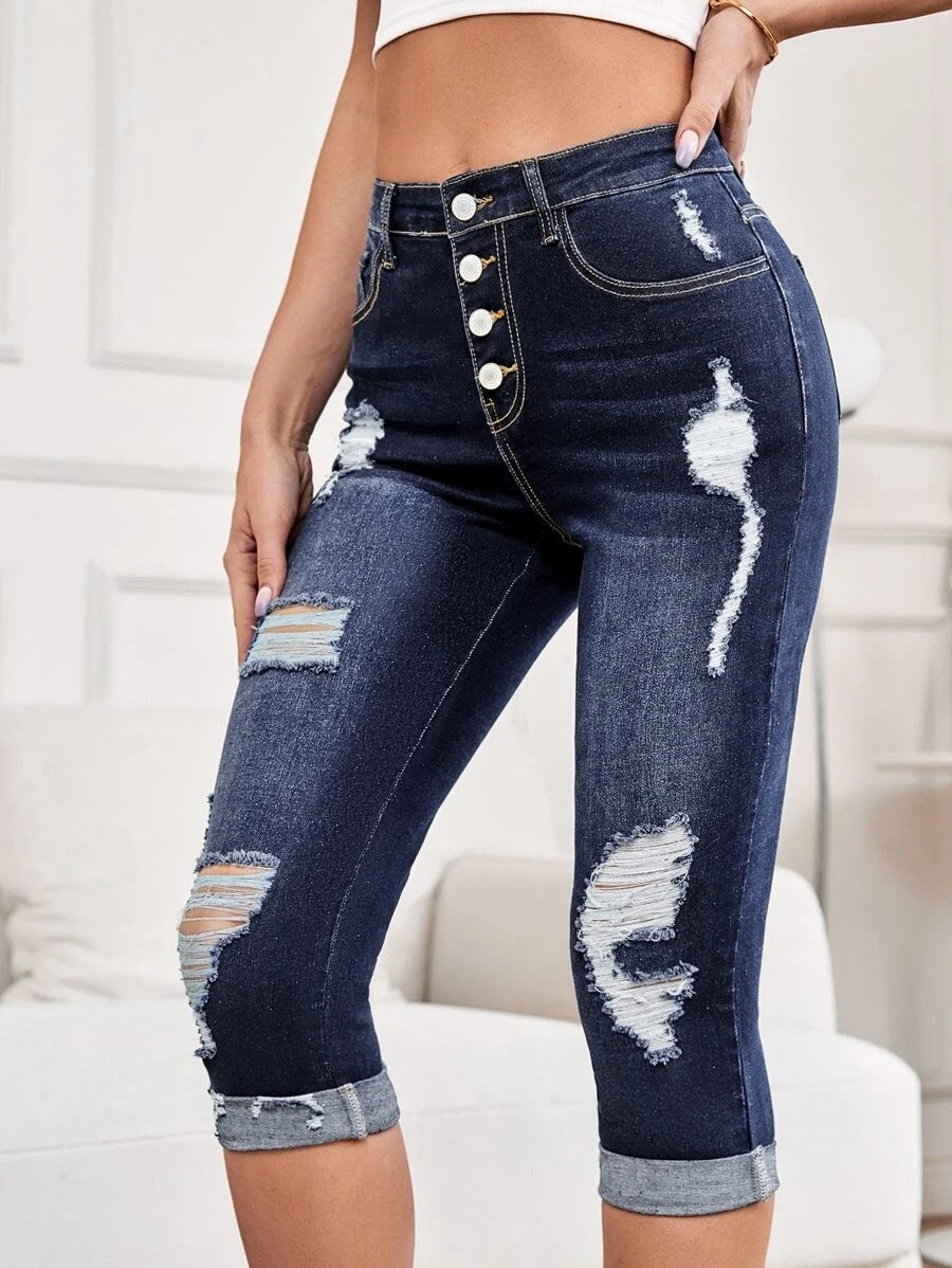 Stretch Feet Pants Mid Waist Cropped Pants Ripped Jeans Women Pants