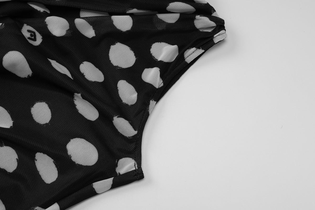 Women Half Turtleneck Sleeveless Mesh Polka Dot Print Faux Two Piece Skinny Slimming Sheath Dress