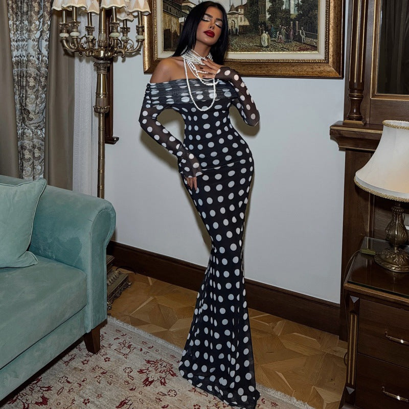 Women Clothing Autumn Winter Sexy off Shoulder Long Sleeve Mesh Slim Polka Dot Print Dress