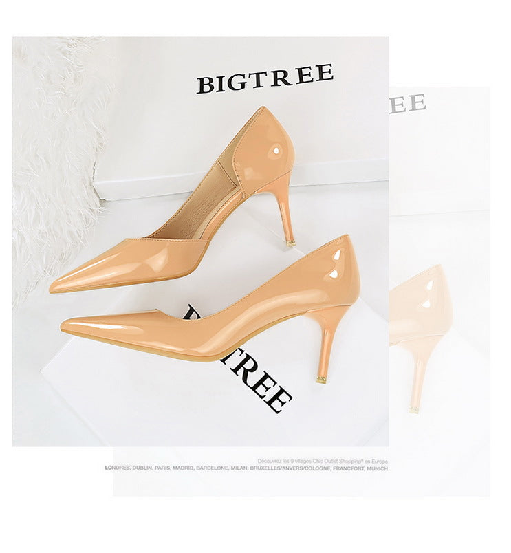 Simple Stiletto Heel Shiny Patent Leather Shallow Mouth Pointed Side Hollow Out Cutout High Heels Women Shoes
