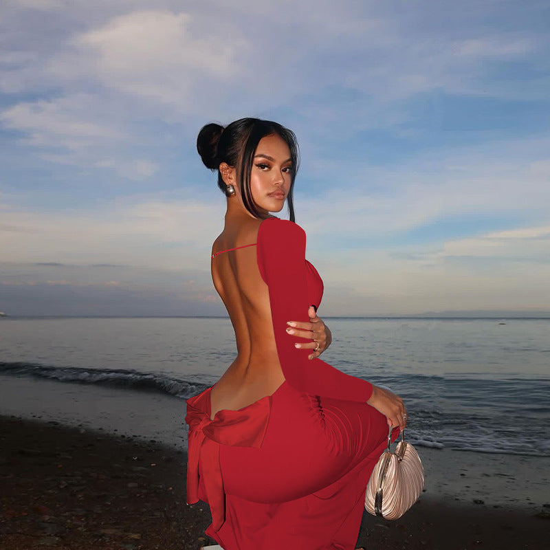 Autumn Holiday Sexy Long Sleeve Backless Bow Slim Fit Dress Women