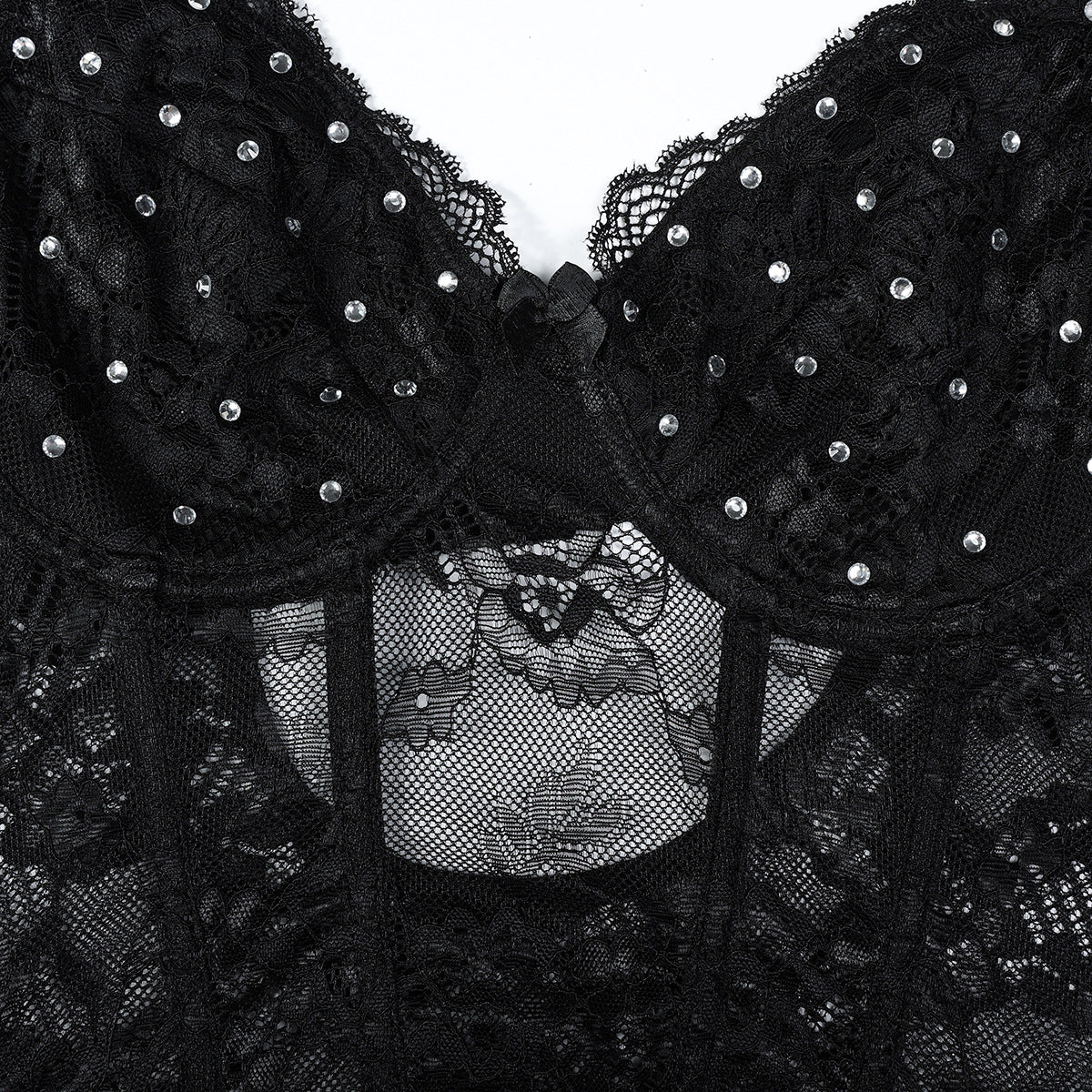 Black Heavy Embroidery Drilling Hand Wear Plastic Bones Shaping Body Shaping Double Layer Chest Cup Lace Jumpsuit Can Be Worn Alone