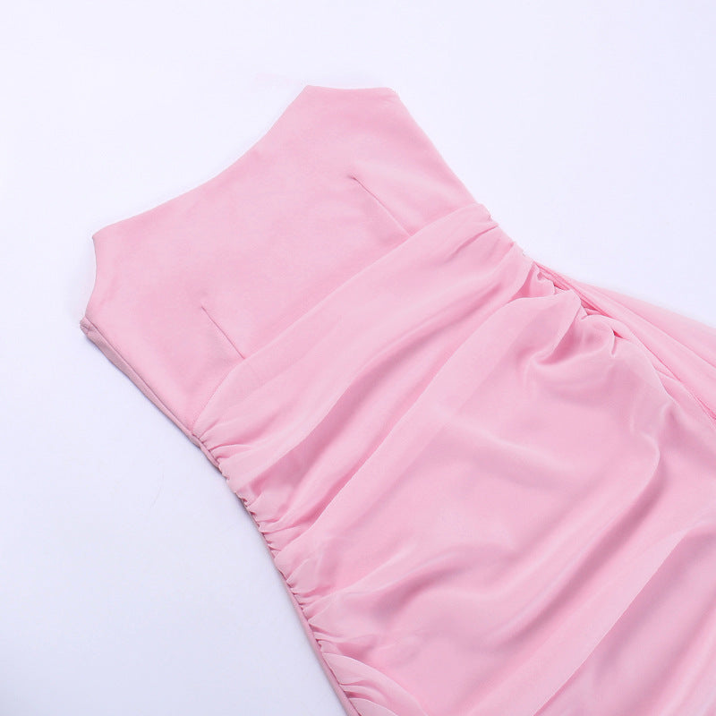 Sexy Tube Top Mesh Ribbon Dress Elegant Party Slim Fit Solid Color Short Dress for Women
