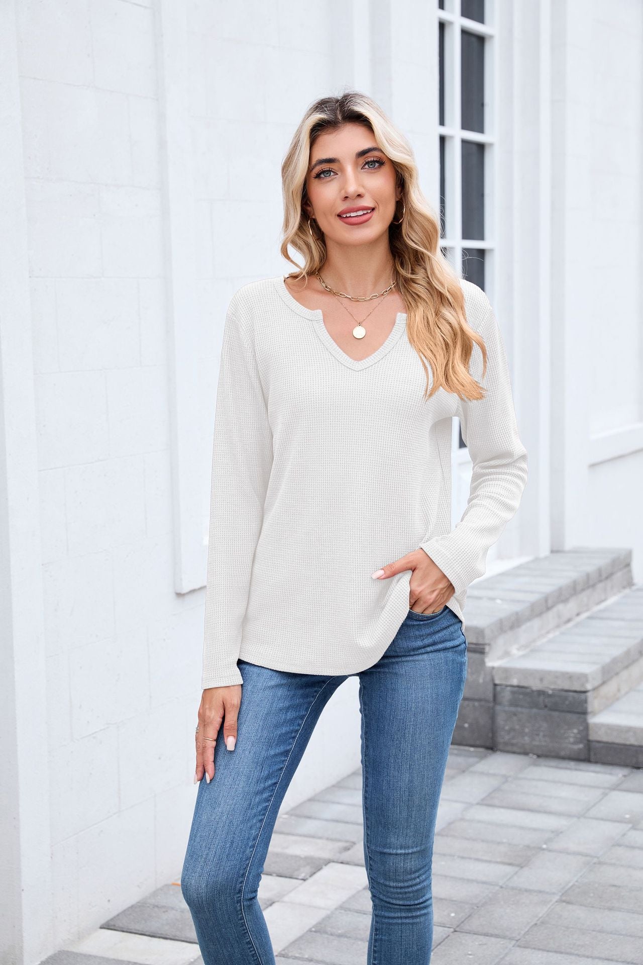 Autumn Winter Waffle Solid Color V neck Loose Long Sleeved T shirt Top Women