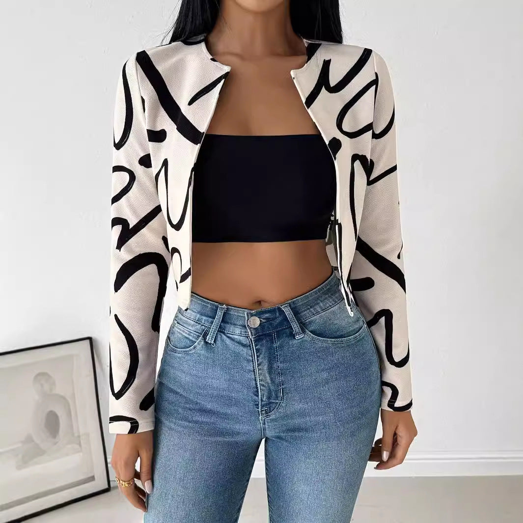 Autumn Winter Elegant Ladies Casual Abstract Printing Open Front Jacket Top Women Clothing