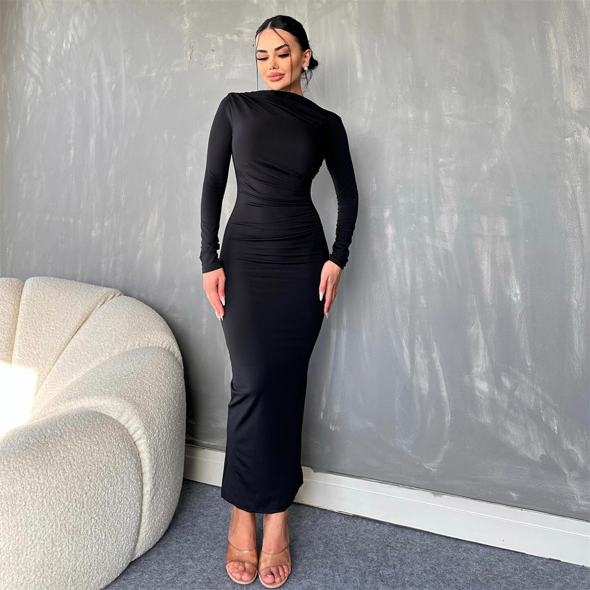 Autumn Winter Solid Color Round Neck Long Sleeve Sexy Dress Women Clothing Dress