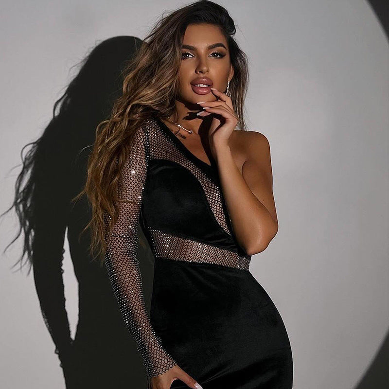 Women Clothing Fashionable Sequ Stitching Shoulder Diagonal Collar Dress Formal Dress
