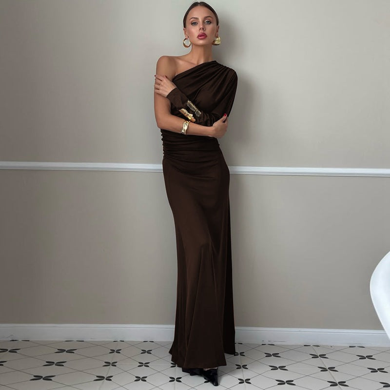 Women Clothing Autumn Fashionable Irregular Asymmetric off Shoulder Single Sleeve Pleated Maxi Dress