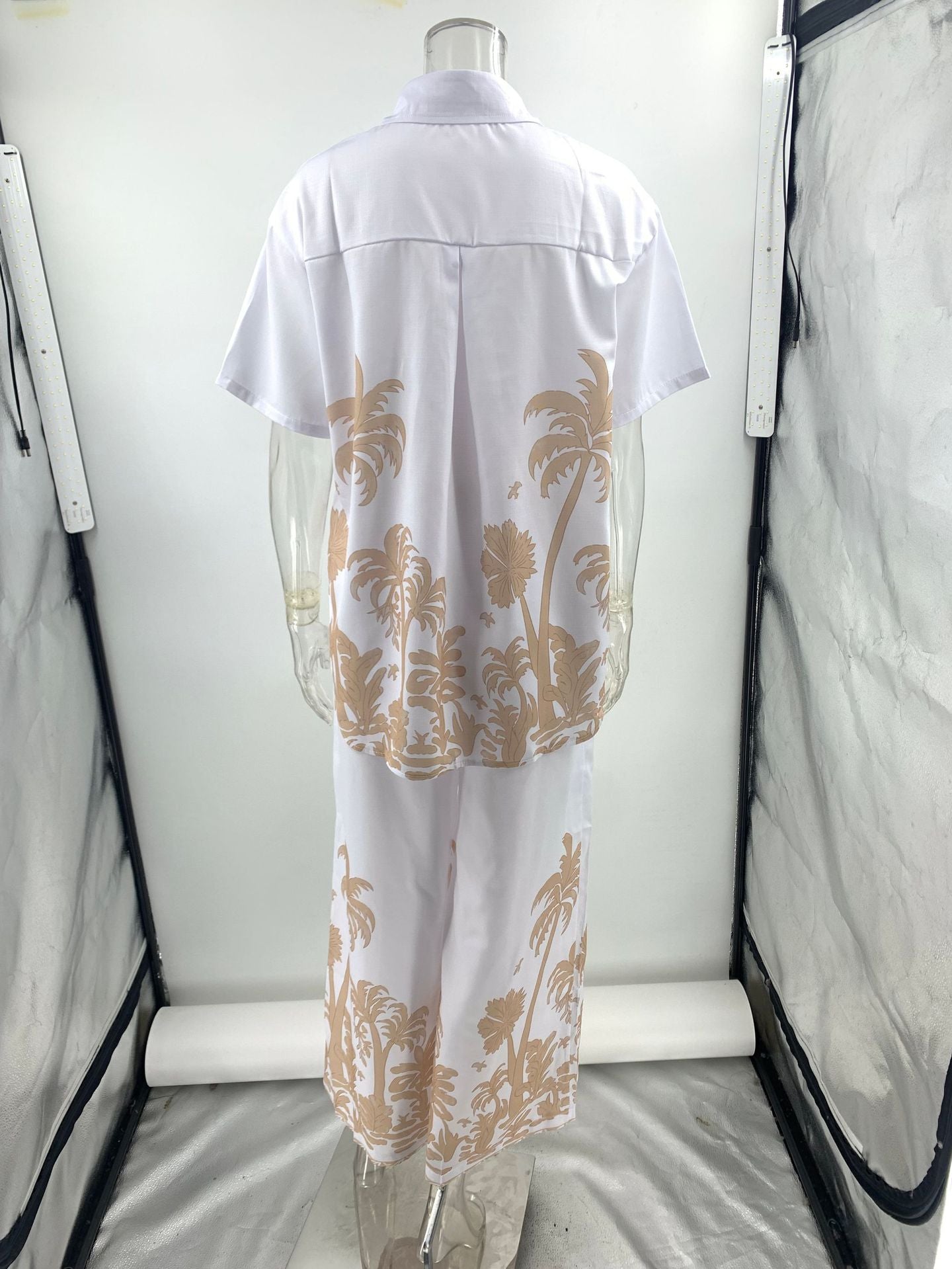 Summer Casual Cotton Linen Short Sleeve Collared Shirt Trousers Casual Two Piece Sets Women