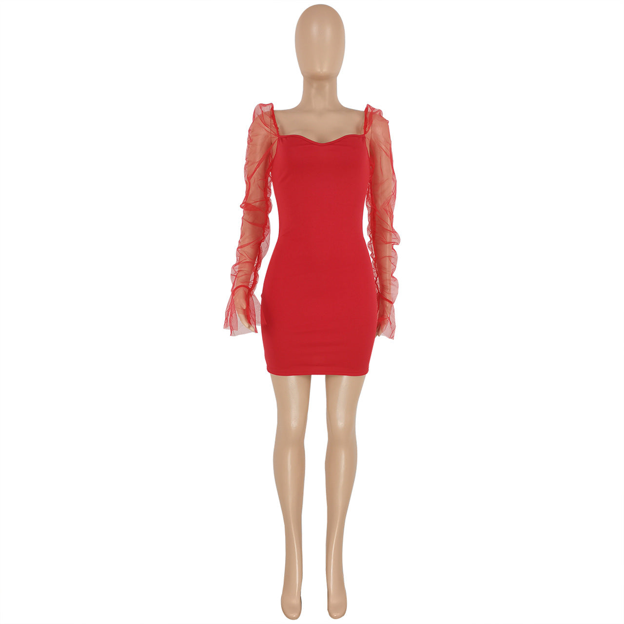 Sexy Solid Color Stitching Mesh Short Dress Women Clothing