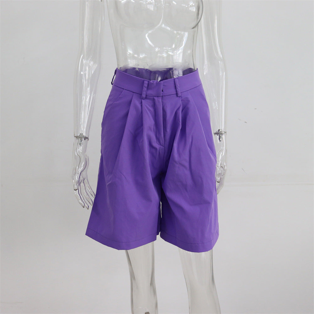 Summer Shorts Women Flanging Pocket Zipper Hidden Hook Solid Color Casual Pants Straight Blazer Shorts