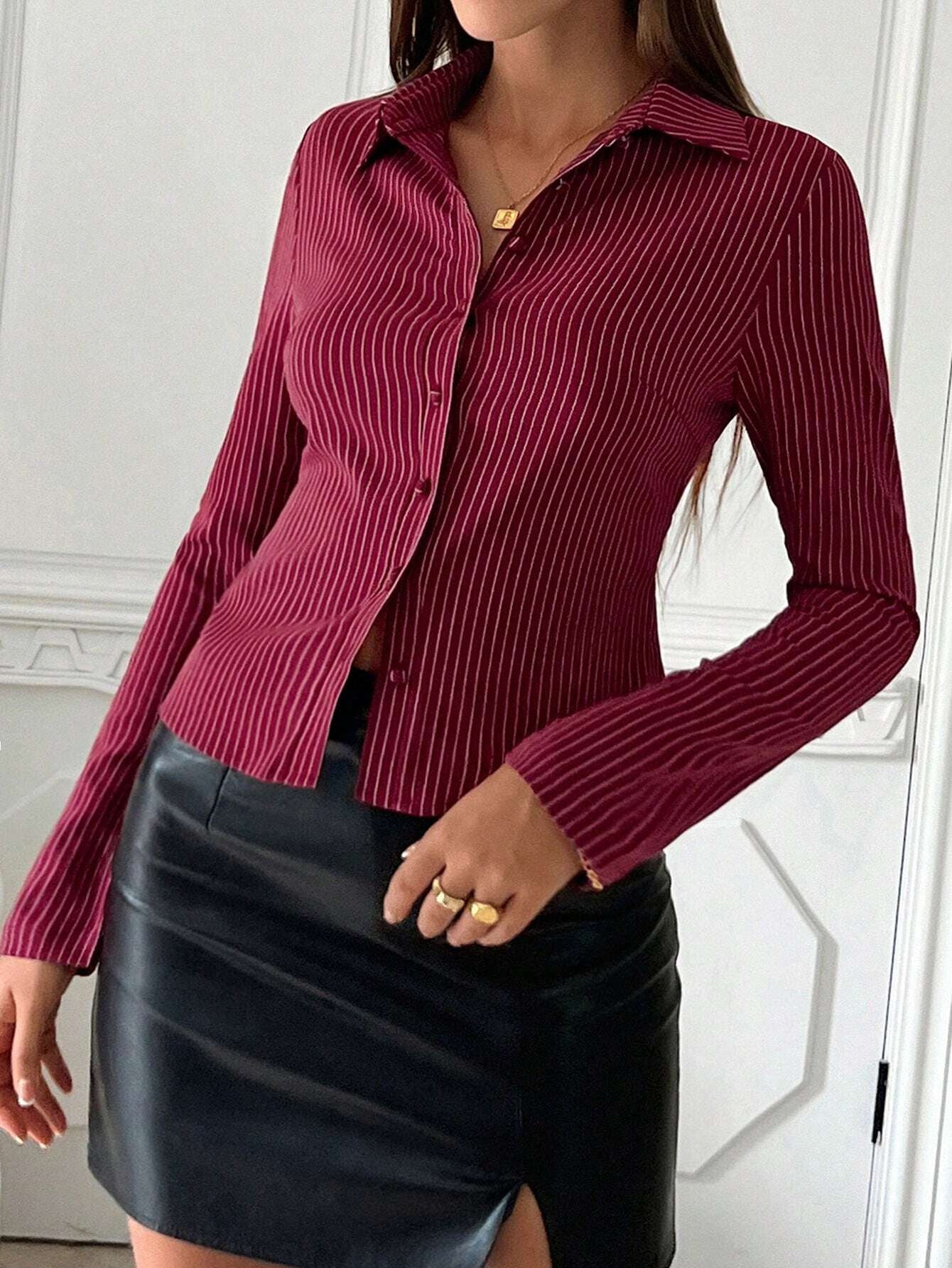 Spring Autumn Casual All Match V neck Striped Long Sleeve Shirt Top