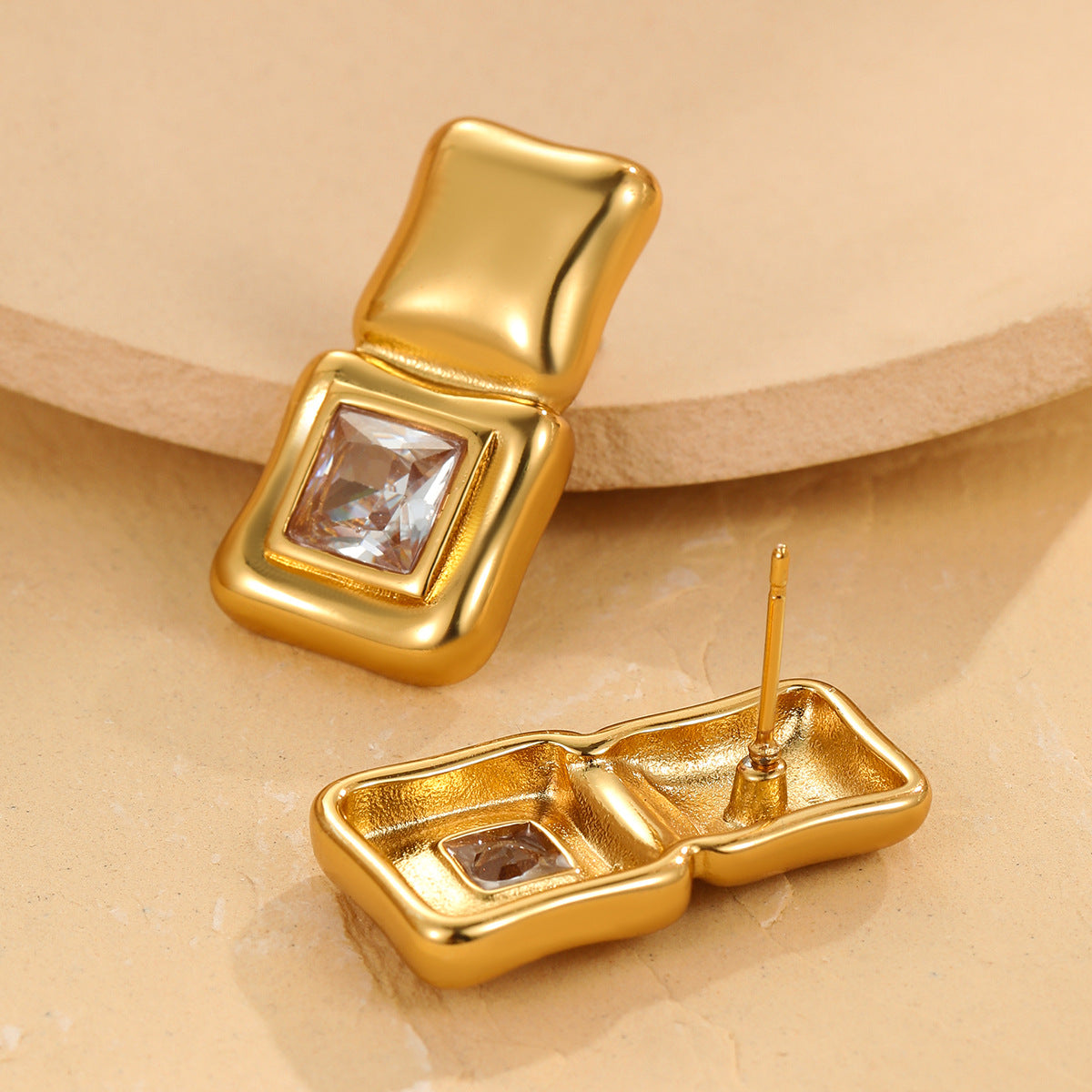 Geometric Abstract Square Crystal Sugar Large Zircon Stainless Steel Earrings Vacuum Plating 18K Gold Advanced Ear Rings