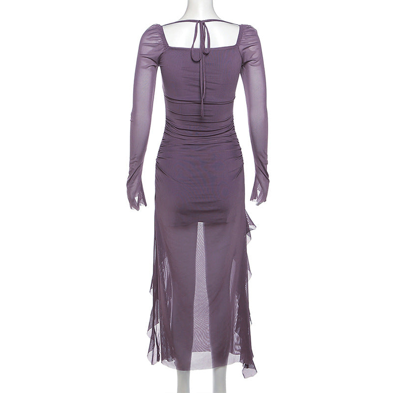Autumn Winter Women Mesh Ruffled Niche Design Long Sleeve Square Collar Dress