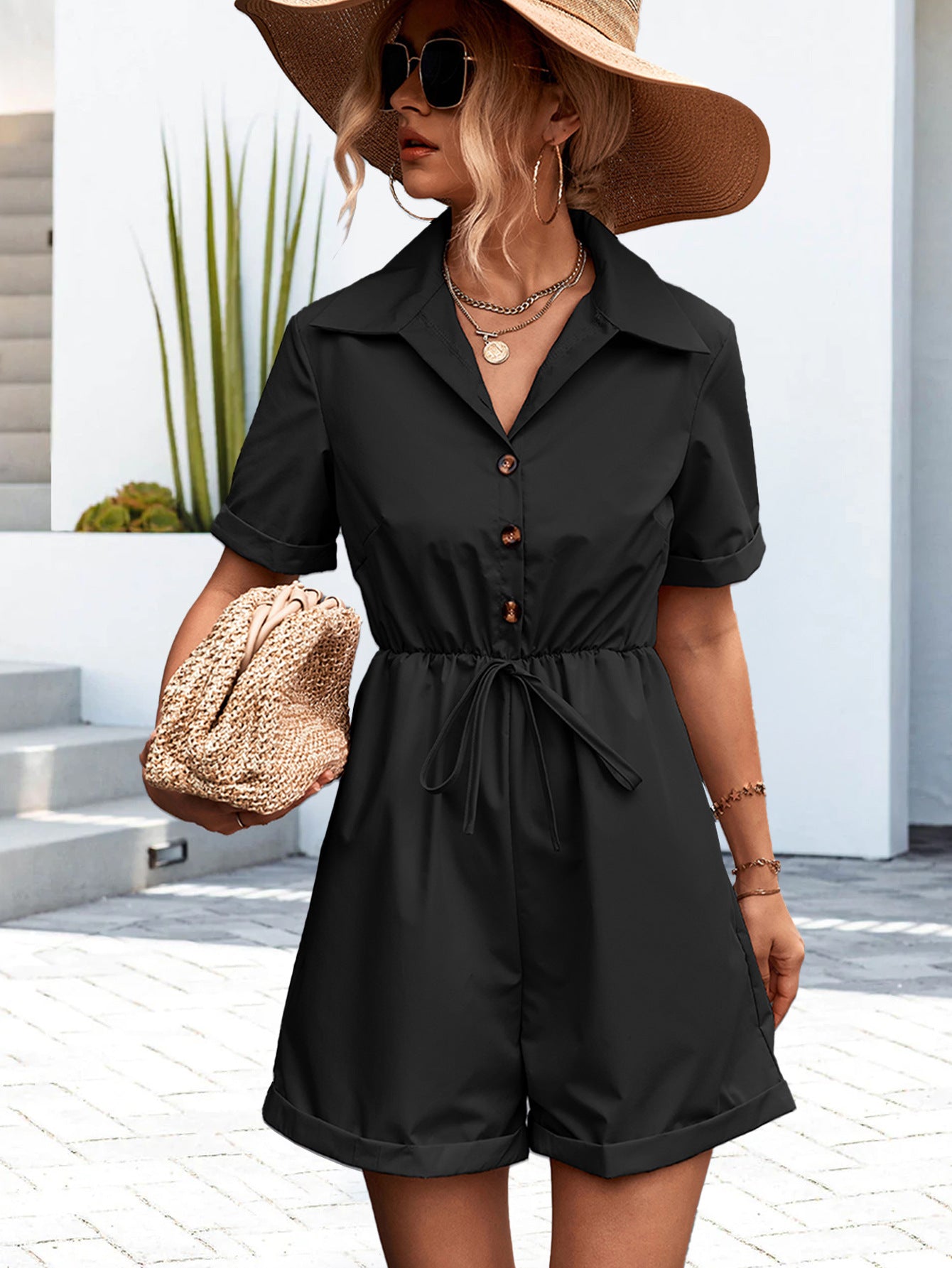 Spring Summer Popular Shirt Collar Short Sleeve Lace up Jumpsuit Shorts