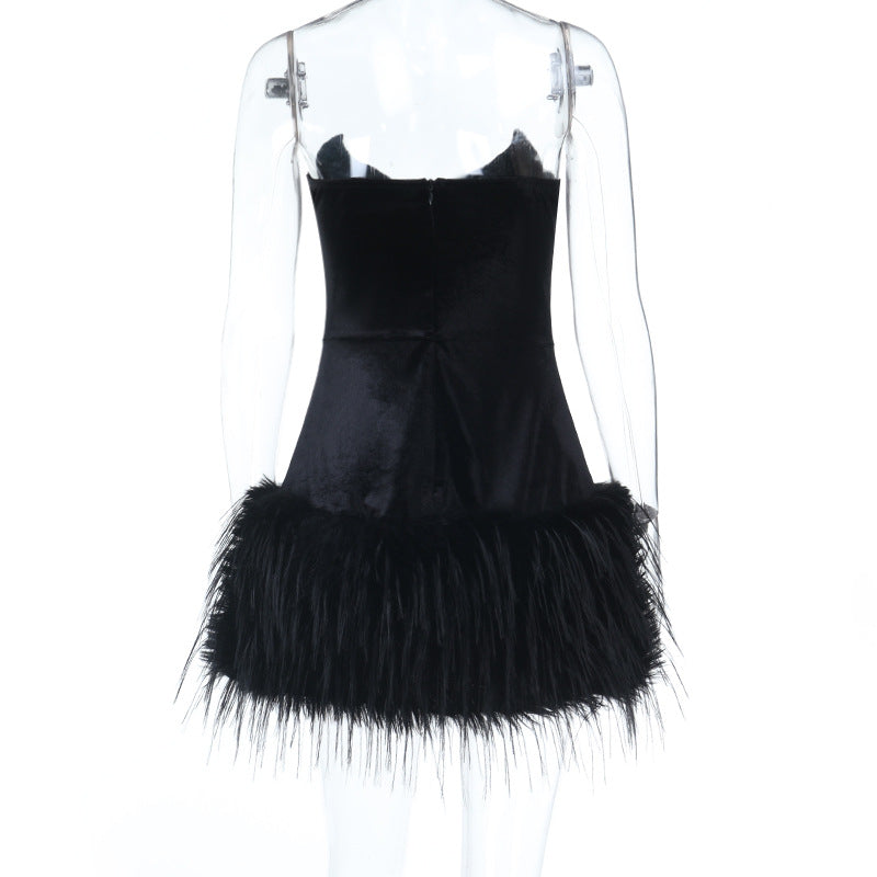 Tube Top Sexy Socialite Furry Hem Short Dress Women