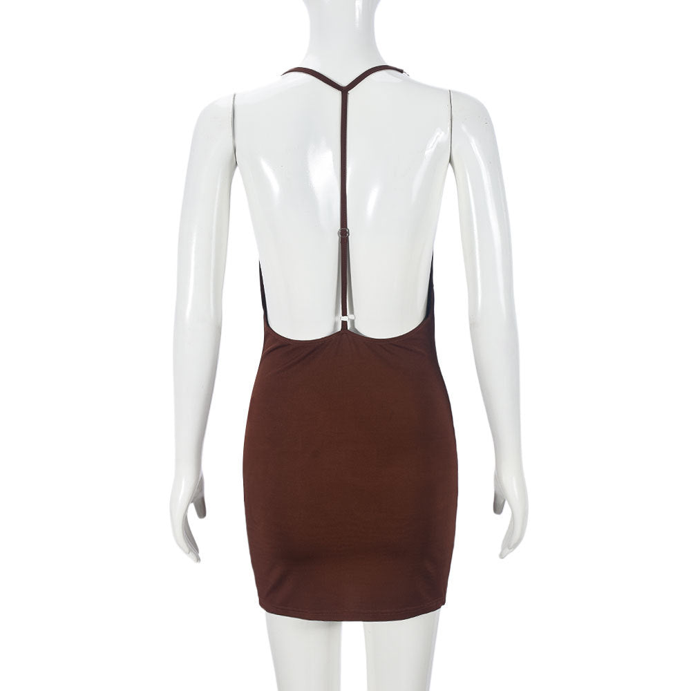 Women Clothing Sexy Slim Strap Deep V Plunge Swing Collar Backless Sheath Dress