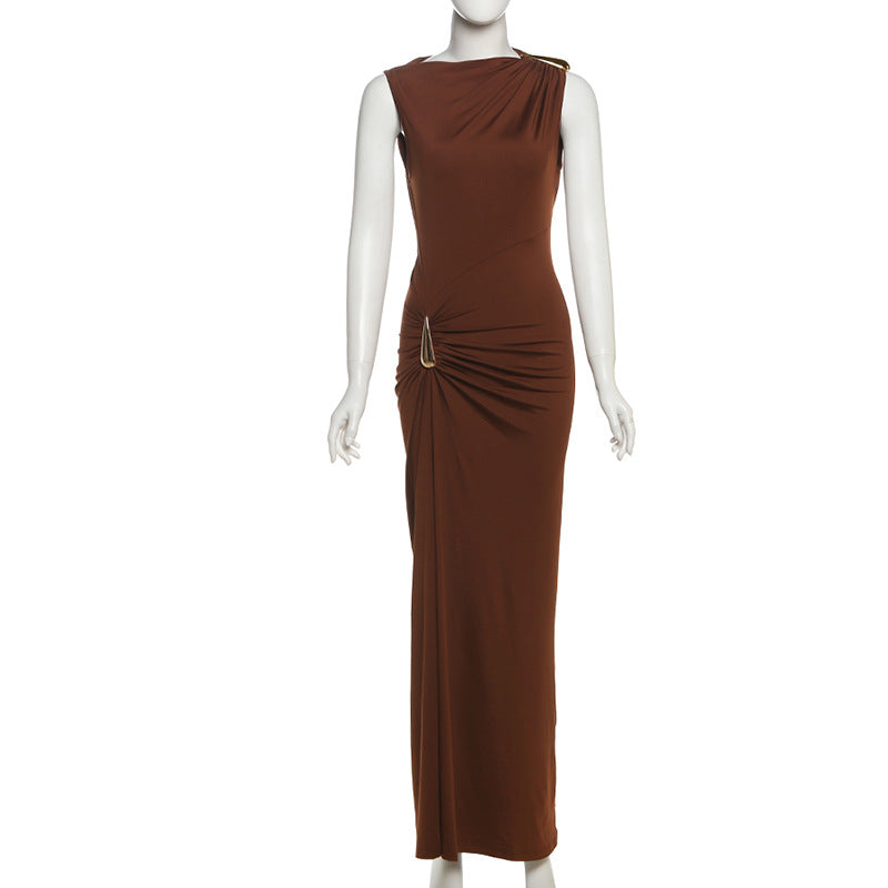 Women Clothing Summer Sexy Slim Metal Decorative Sheath Sleeveless Dress