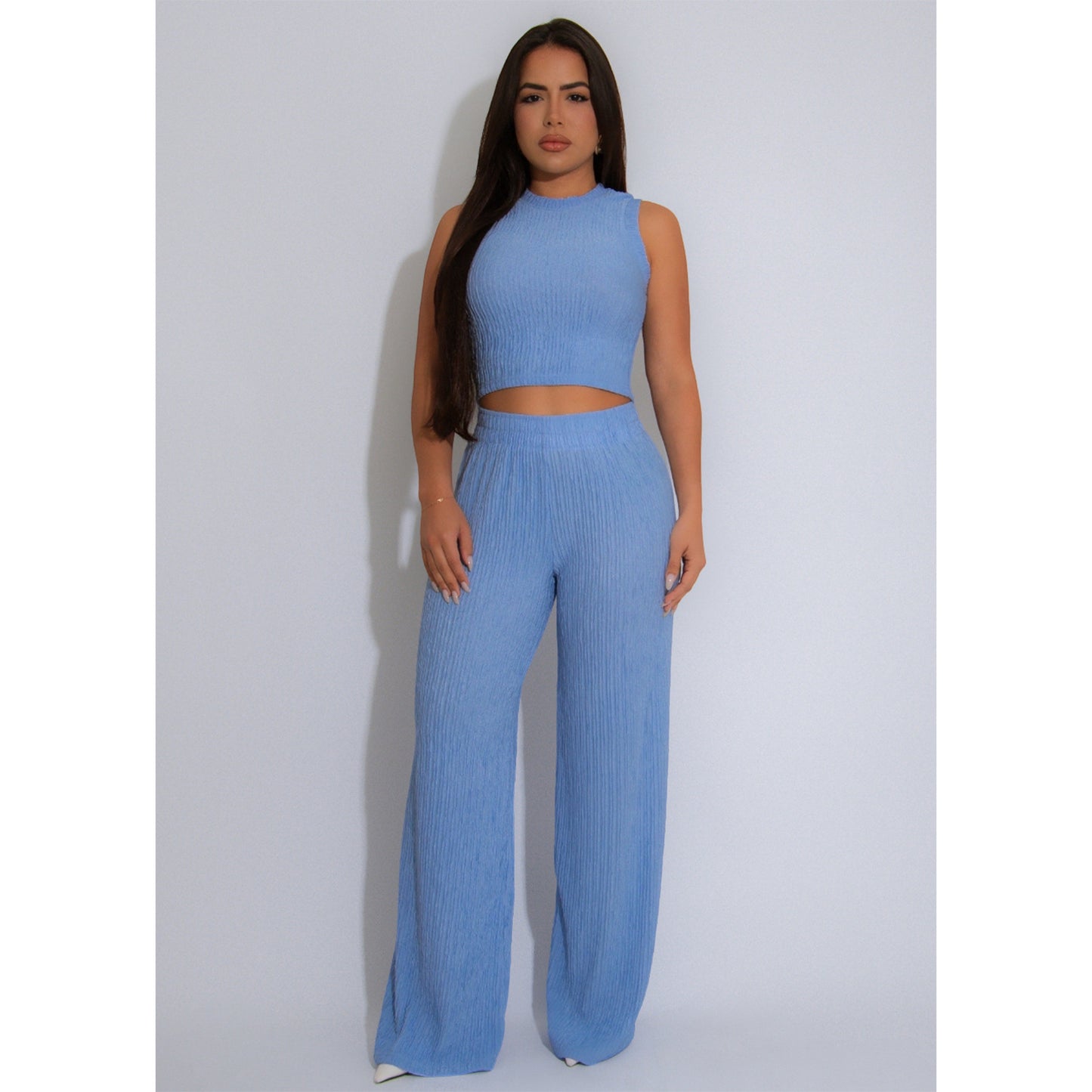 Women Clothing Elastic Crumpled Loose Sleeveless Wide Leg Pants Suit Two Piece Sets