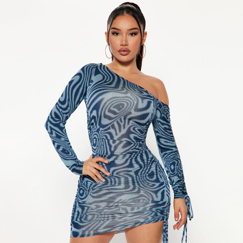 Arrival Women Clothing Floral Print Drawstring Ruffle Lace up Drawstring Long Sleeve Slant Shoulder Tight Dress