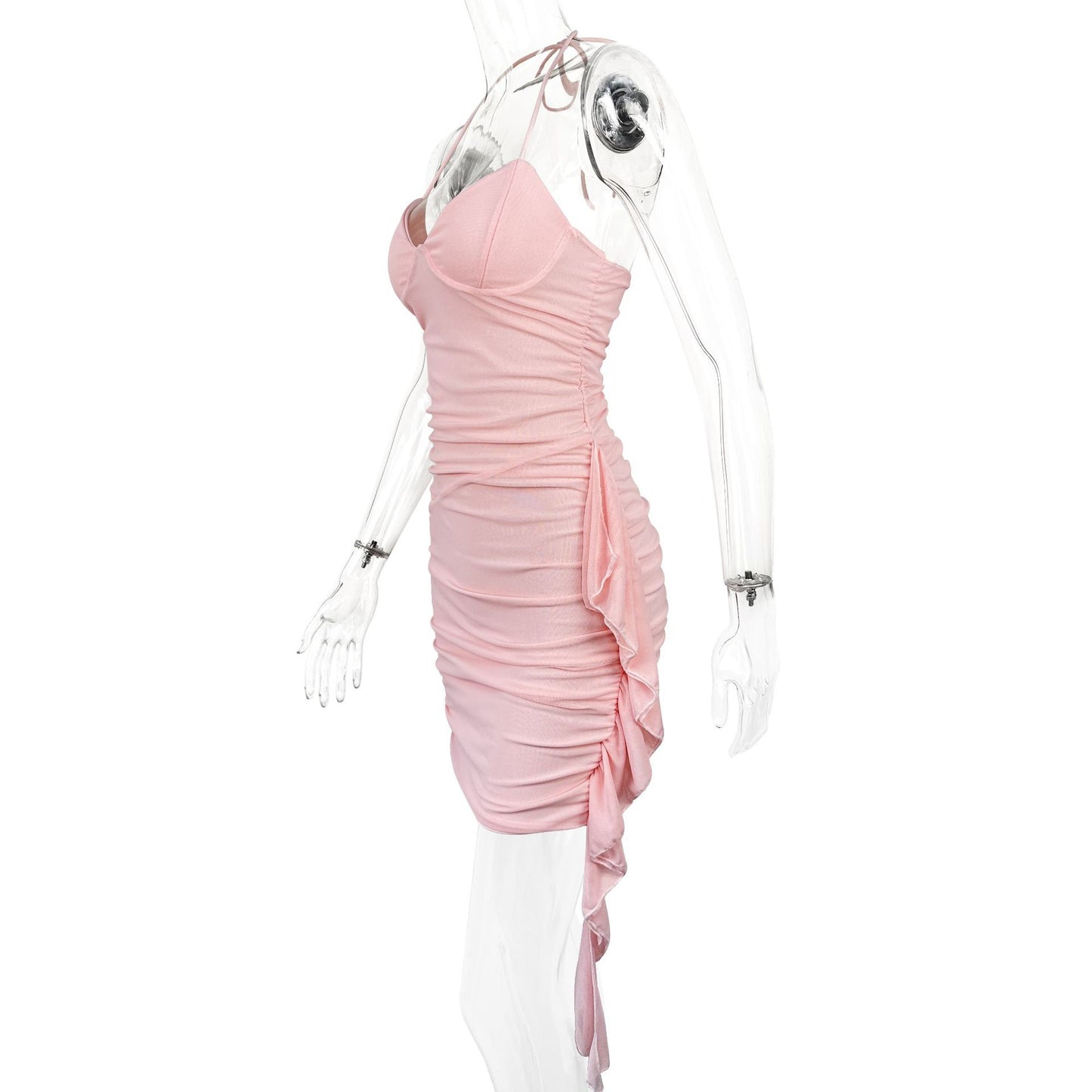 Summer Women Clothing Sexy Solid Color Tied Halter Mesh Women Short Dress