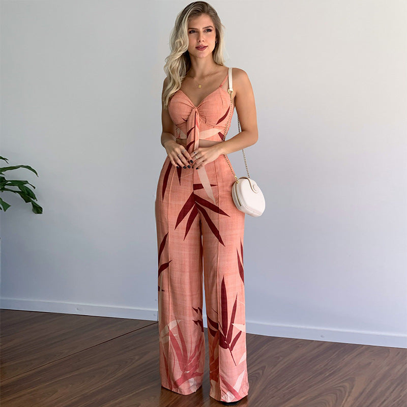 Women Clothing Imitation Linen Casual Sets V neck Short Vest High Waist Print Wide Leg Pants Two Piece Set