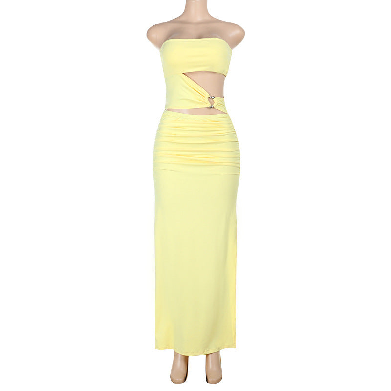 Tube Top Sexy Hollow Out Cutout Split Yellow Dress Women Vacation Sexy Slim Fit Maxi Dress