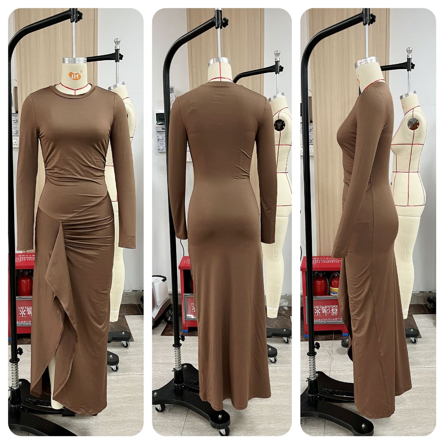 Women Clothing Arrival Autumn Winter Solid Color Fashionable with Side Slit Dress Evening Maxi Dress