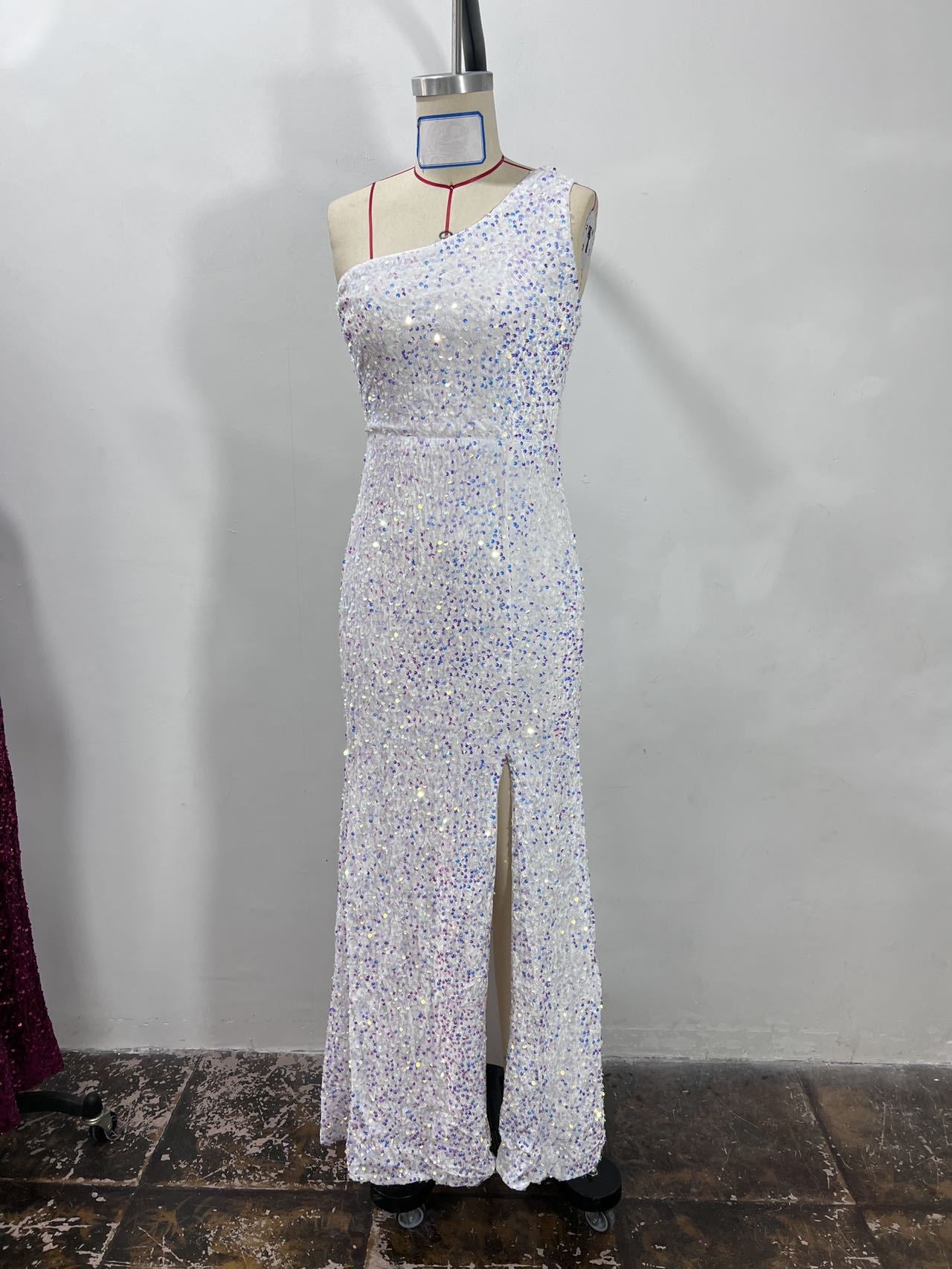 Sequined Sleeveless Slit Shoulder Belt Tight Party Dress