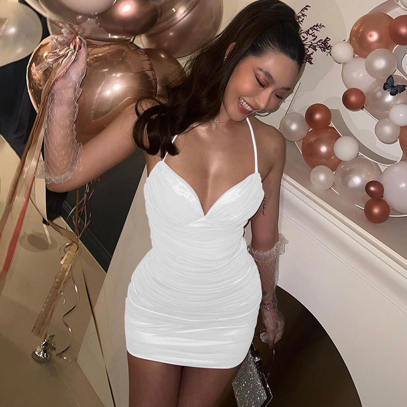 V neck Pleated Tie up Pure Sweet Spicy Suspender High Waist Slim Fit Sheath Mini Dress