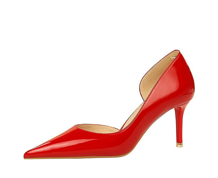 Simple Stiletto Heel Shiny Patent Leather Shallow Mouth Pointed Side Hollow Out Cutout High Heels Women Shoes