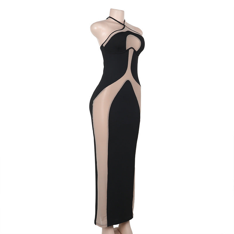 Fall Maxi Dress Elegant Halter Sling Slim Fit Hollow Out Cutout Sexy Dress