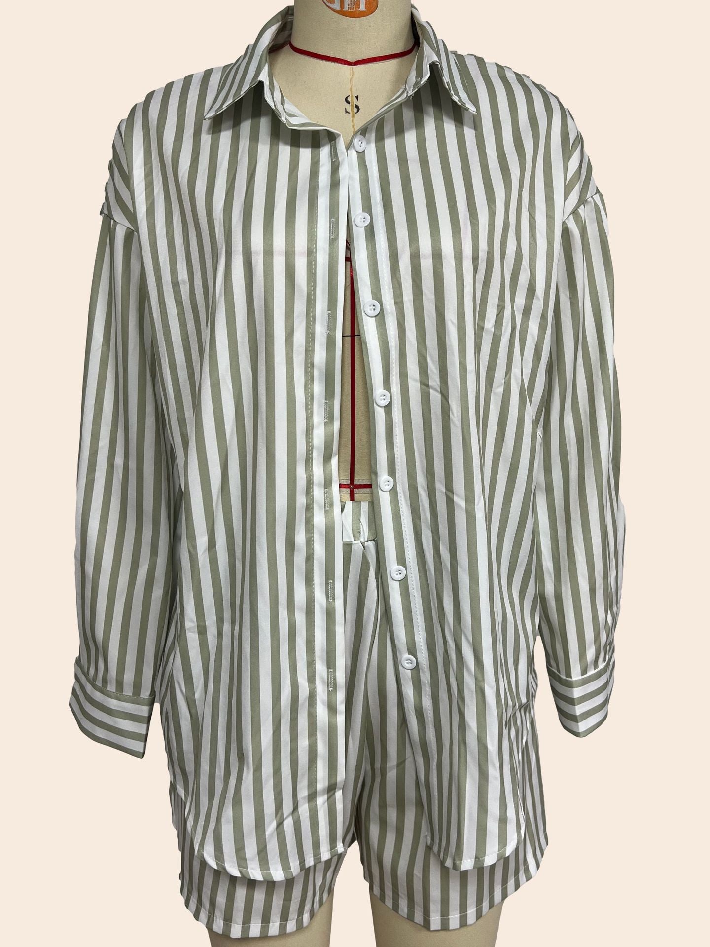 Spring Summer Women Clothing Casual Polo Collar Striped Color Matching Thin Set