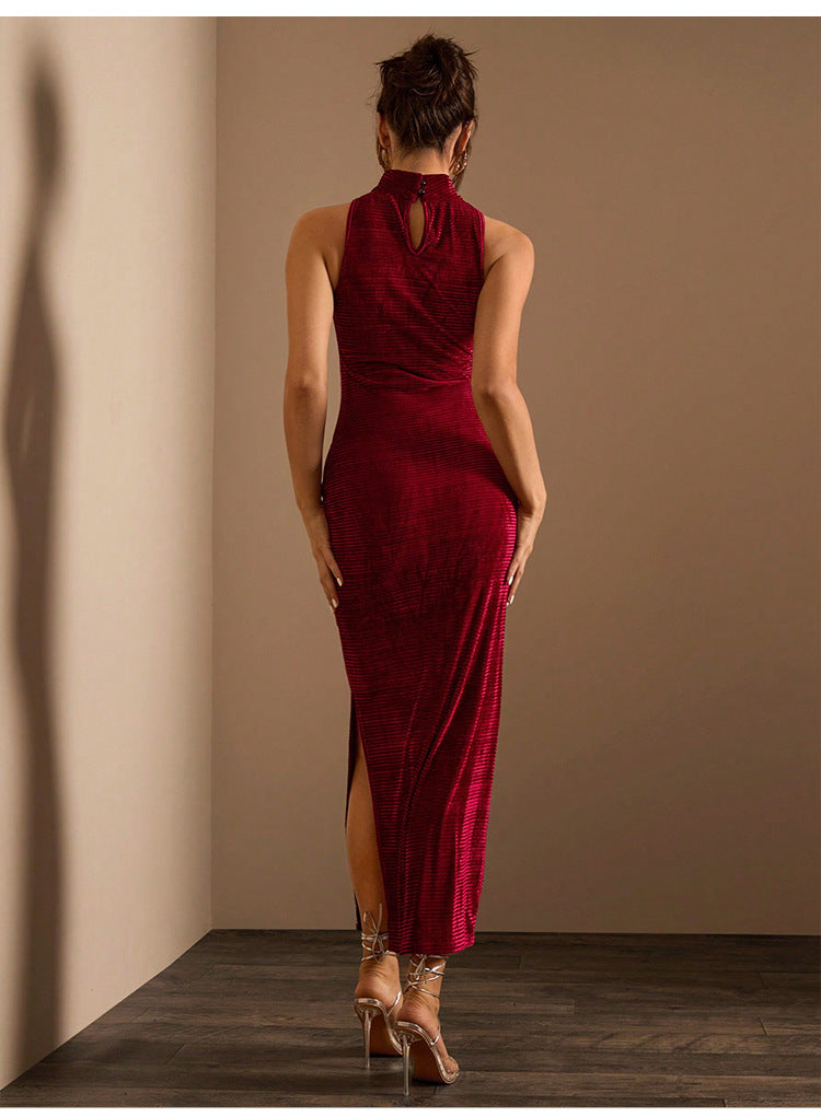 Women Dress Texture Velvet Fabric Turtleneck Chest Hollowed Asymmetric Sleeveless Dress