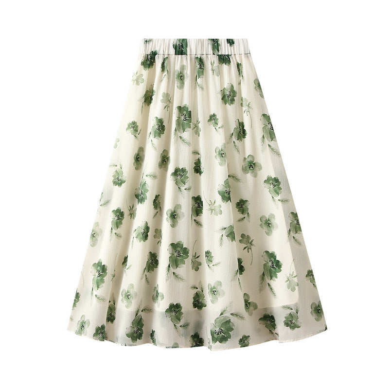 Spring Summer Women Ink Print Skirt A Line Skirt High Waist Slimming Midi Skirt