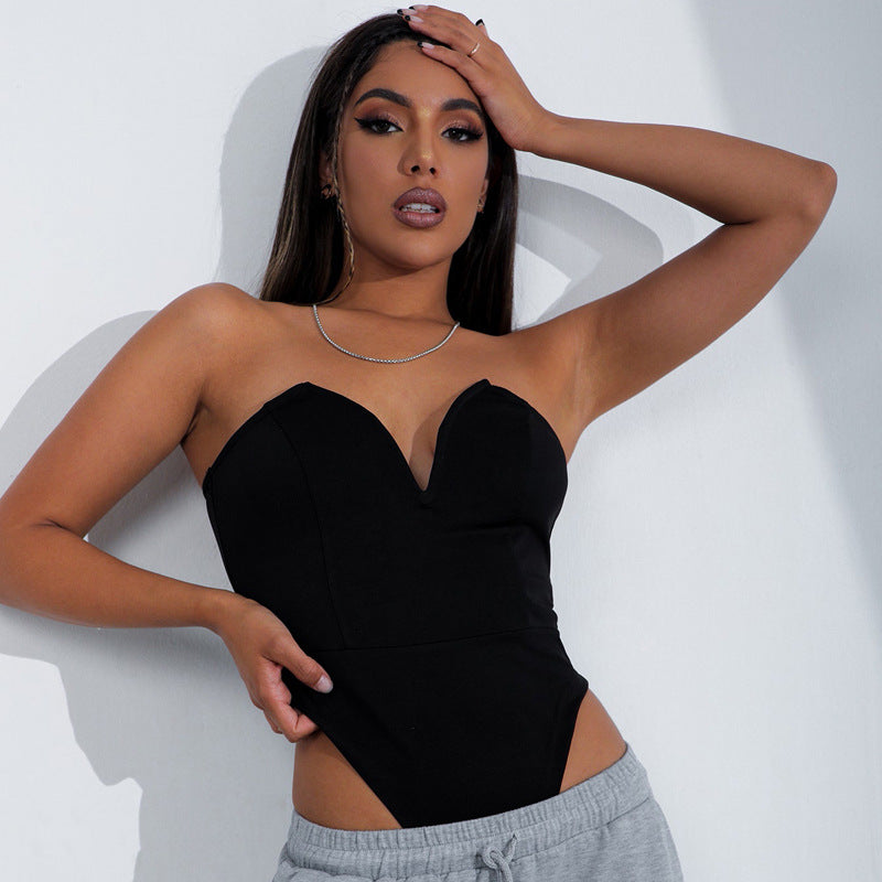 Women Clothing Sexy V Chest Bodysuit Women Tight Bottoming Shirt Slim Fit Figure Flattering Bodysuit