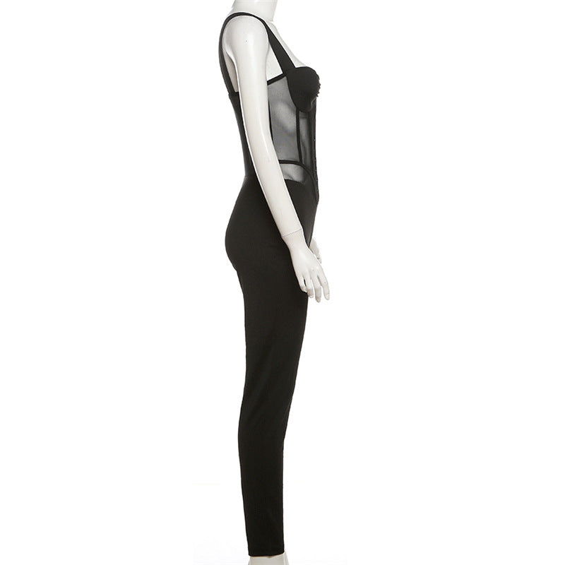 Spring Women Clothes Suspenders Sexy Low Cut See Through Slim Slimming Jumpsuit