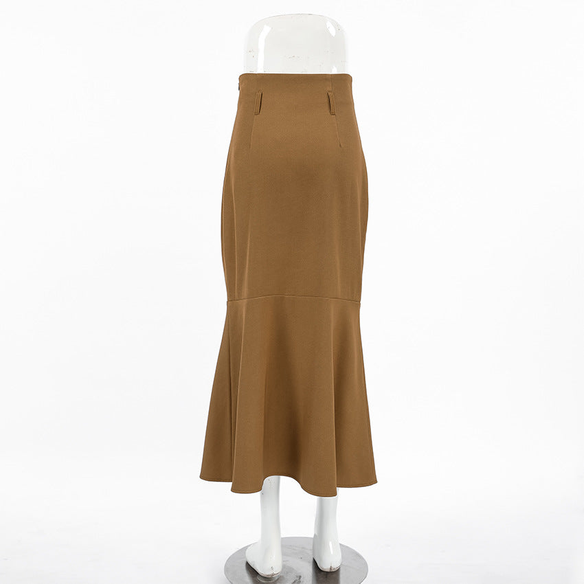 Brown Slim High Waist Fishtail Skirt Autumn Fashionable Elegant High Grade Women Dress No Belt