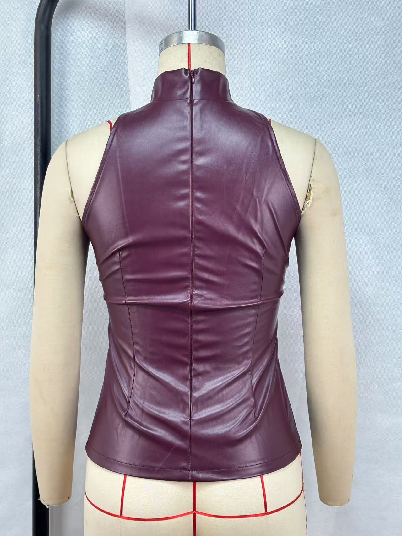 Women Clothing Solid Color Faux Leather Slim Slimming Half Turtleneck Sleeveless Vest Solid Color Top