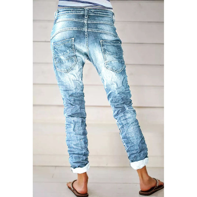 Ripped Denim Drawstring Elastic Waist Washed Women Casual Pants Tide