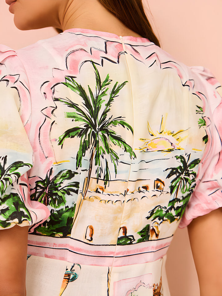 Summer Casual Printed Cotton Linen Round Neck Short Sleeve Dress Women Amplified craft
